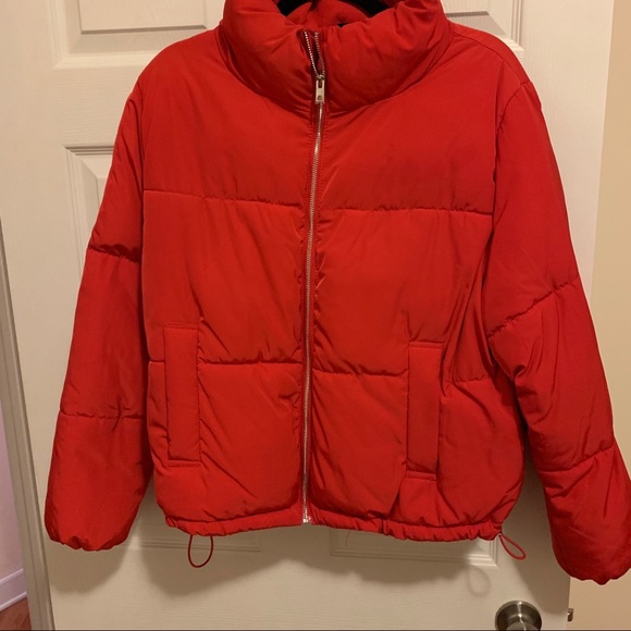 red cropped puffer jacket
